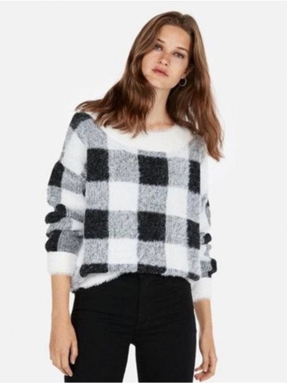 Express Black and White Buffalo Check Fuzzy Pullover Sweater Sz M